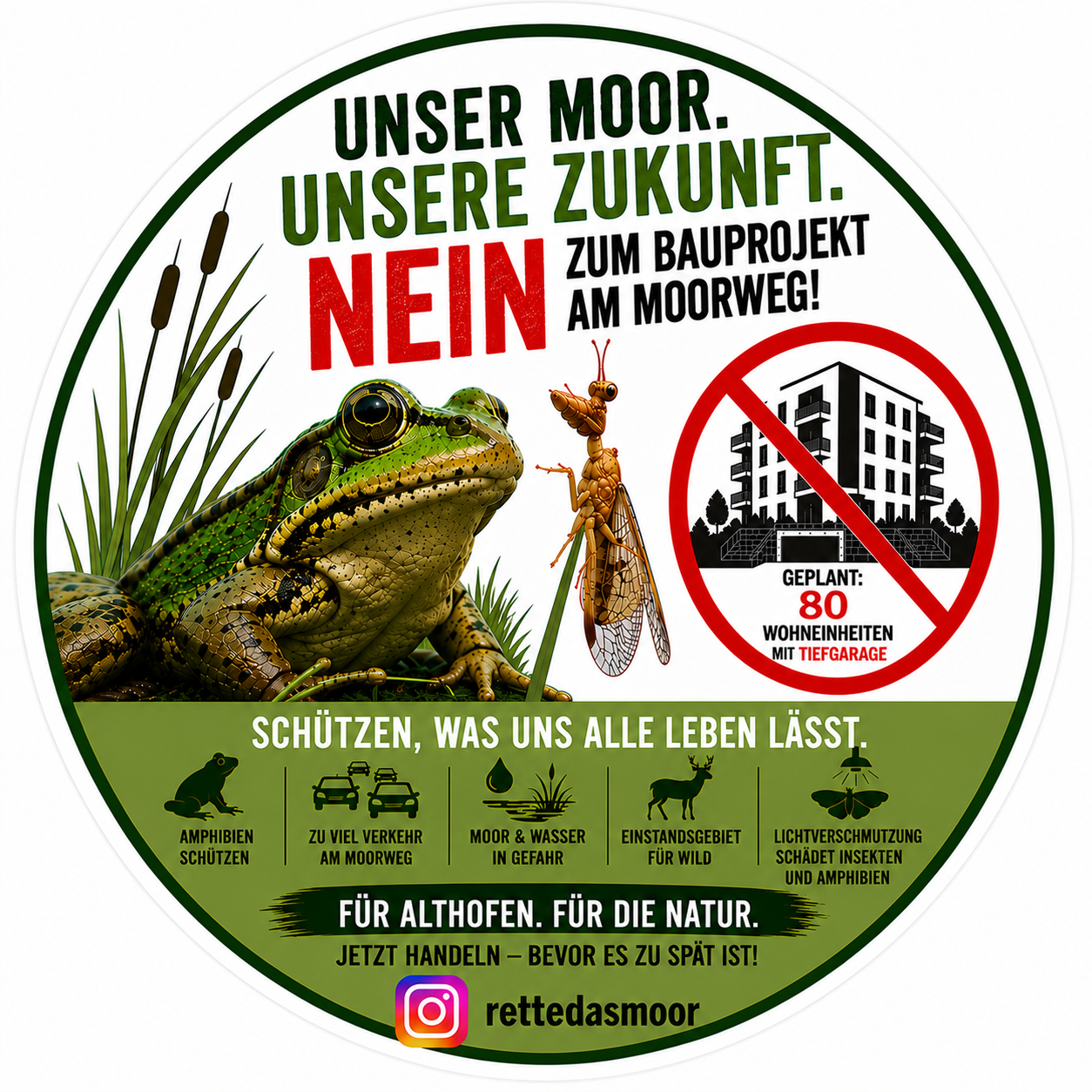 Kampagnensticker: Unser Moor. Unsere Zukunft. Nein zum Bauprojekt am Moorweg!